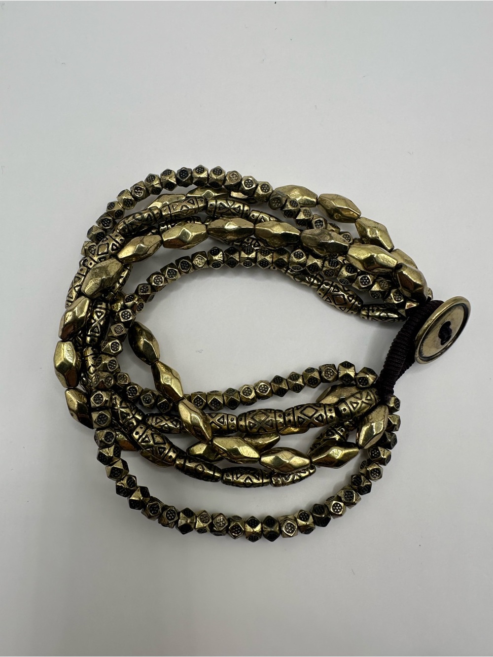 Multi Strand Statement Bracelet Antique Brass Tone Textured Beaded Button Loop
